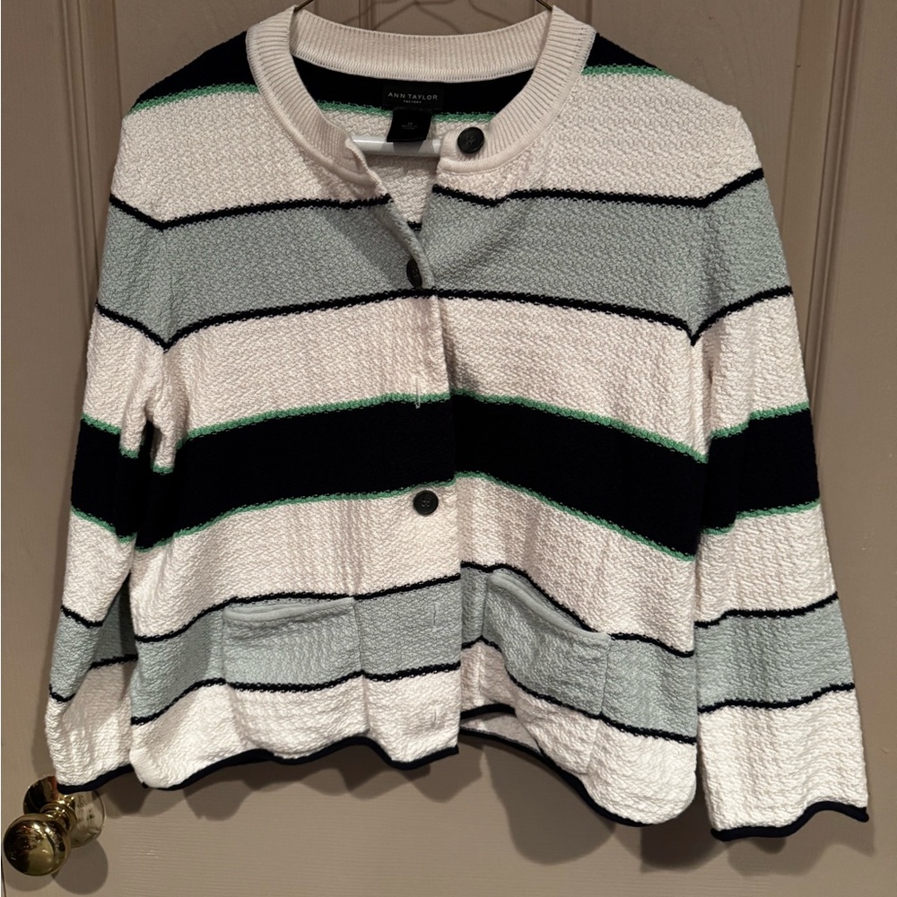 Ann Taylor Multicolor Striped Cardigan - White, Navy, Light Blue, Green